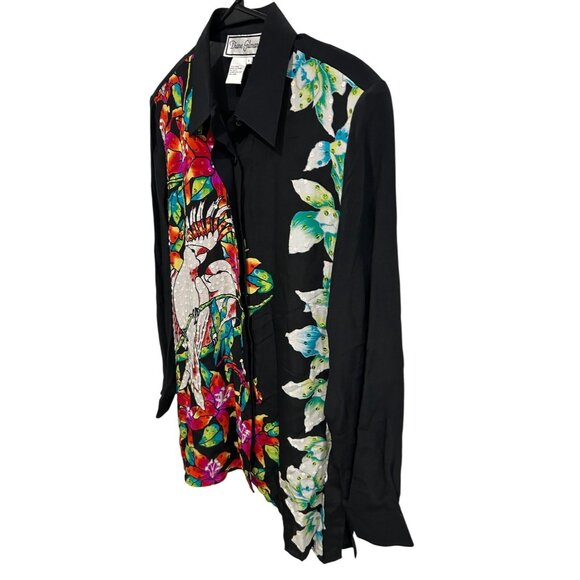 Diane Gilman Black Silk Shirt Cockatoo Tropical Bird Floral Print Sz Medium - Picture 3 of 10